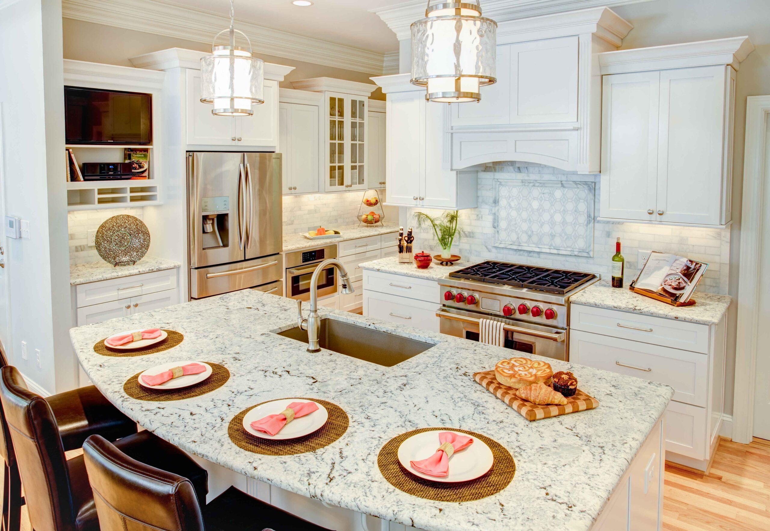 The extra large island is perfect for homework and meals.